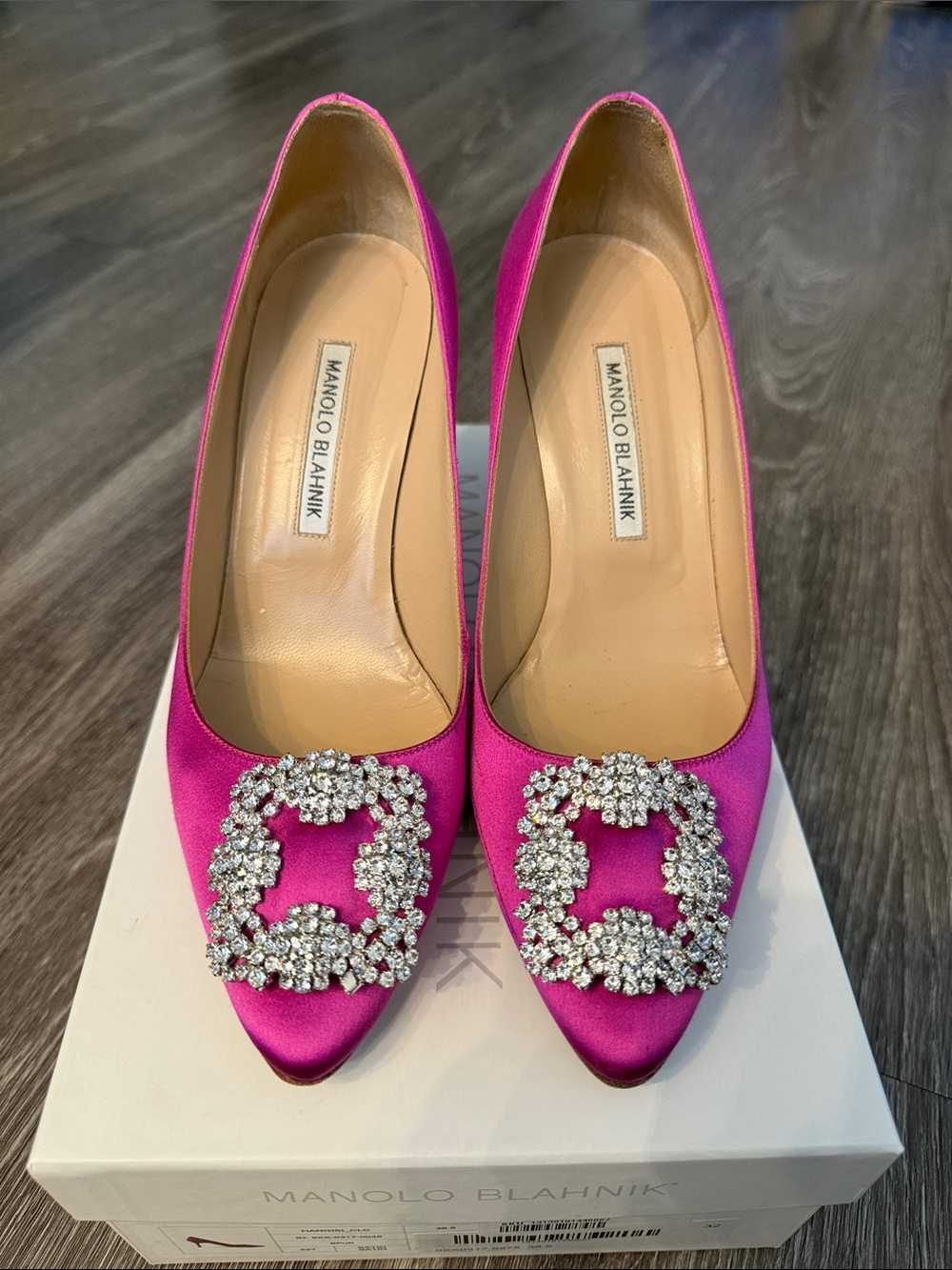 Manolo Blahnik Hangisi Fuchsia Satin Pointed-Toe Pumps with Crystal Buckle